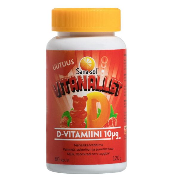 Sana-Sol Vitanallet D-Vitamiini 10 mikrog Mansikka 60 kpl